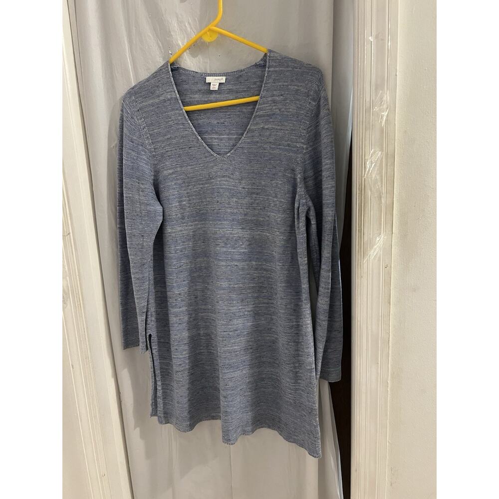 Pure Jill J Jill Blue V Neck Linen Blend Tunic Top Sz L Side Slits